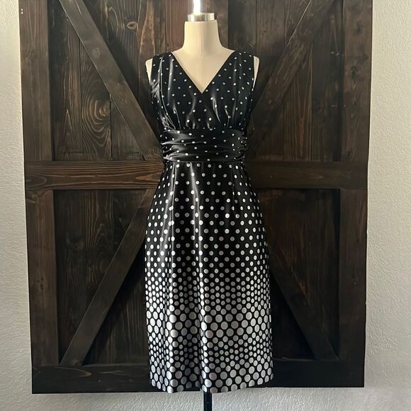 Eliza J Black & Silver Polka Dot Satin Sleeveless Surplice Dress- 6 - Picture 1 of 11